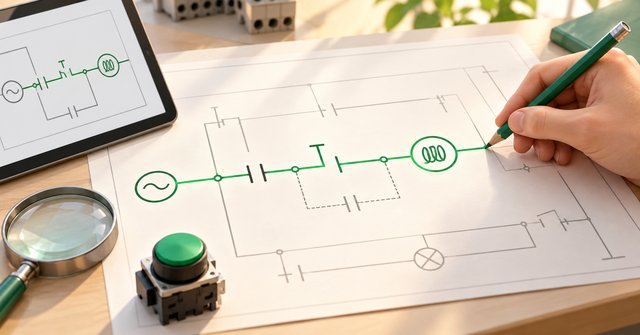 Bút chì lần một đường điện màu xanh trên bản vẽ mạch điều khiển, cạnh máy tính bảng và nút nhấn