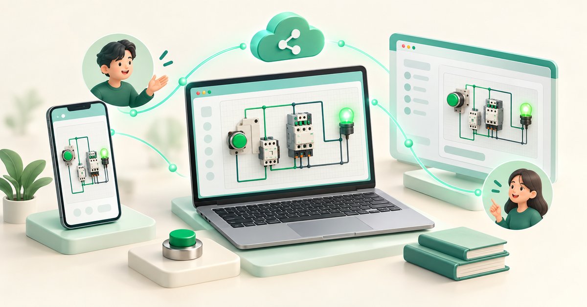 Minh họa mạch điện trên máy tính được chia sẻ sang điện thoại và nhúng vào một trang web để cùng học và trao đổi
