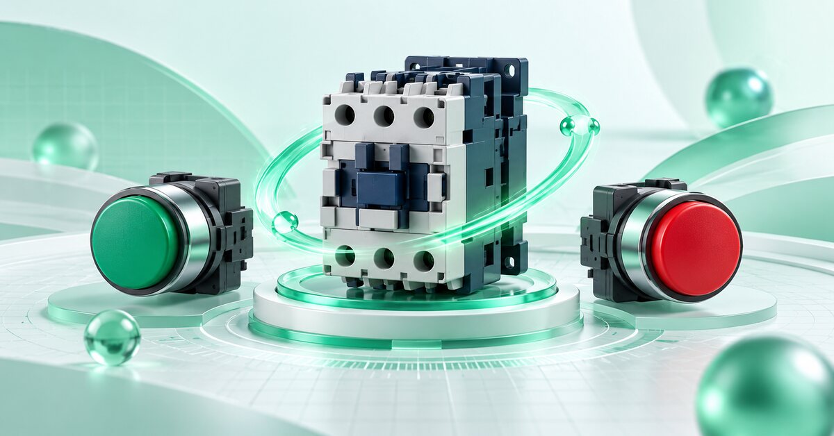 Minh họa nút Start xanh, Stop đỏ và contactor với vòng sáng biểu đạt tự giữ