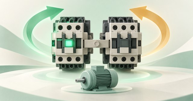 Hai contactor nối bằng thanh khóa cơ, mũi tên hai chiều và động cơ minh họa mạch thuận nghịch