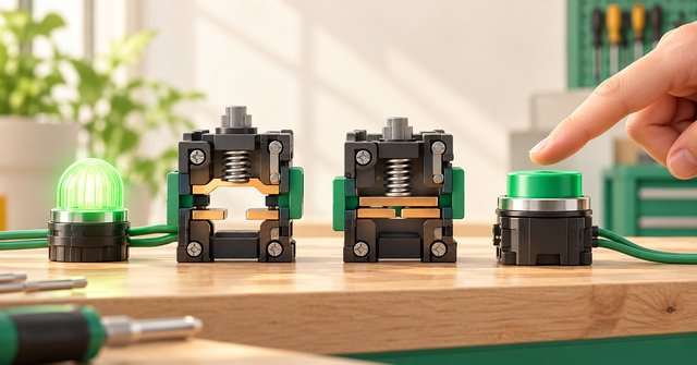 Hai cụm tiếp điểm mở và đóng cạnh nút nhấn xanh và đèn, minh họa ý nghĩa NO và NC