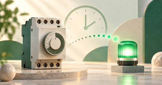 Relay thời gian với mặt xoay, đồng hồ và đèn xanh minh họa đầu ra tác động sau khoảng chờ