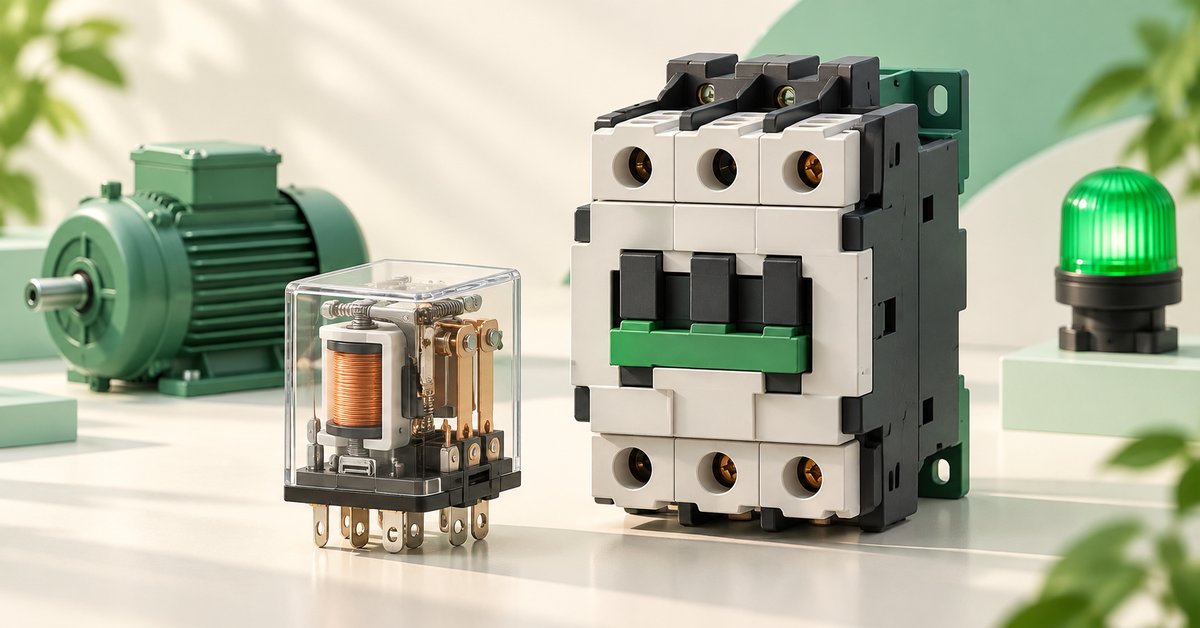 A transparent electromagnetic relay and contactor beside a motor and indicator lamp