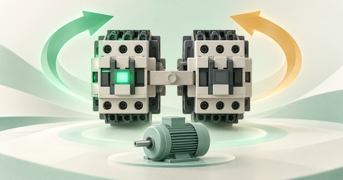 Two mechanically interlocked contactors beside direction arrows and a motor
